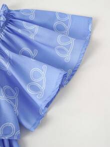 Joliand Joliand 1 pieza Blusa holgada de niña joven con patrón azul anudado de estilo urbano elegante, adecuada para uso casual, diario, salidas, hogar, playa, verano