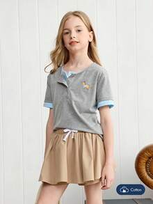 Joliand Joliand 1 件年轻女孩优雅都市休闲百搭狗狗装饰拼布灰色和浅蓝色圆领短袖 T 恤，适合返校、旅行、日常、夏季和秋季 - 彩色 - 查看 5