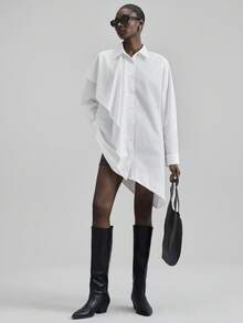 Ontre Camicia bianca oversize asimmetrica da donna, manica lunga, stile urbano alla moda minimalista e confortevole, adatta per casual, business, pendolarismo, stagione back to school, nuovo arrivo 2025