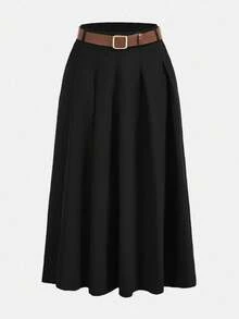 Maija 2025夏季新款黑色高腰褶裥侧袋PU皮可拆卸金属腰带半身裙，优雅百搭，适合派对和办公通勤。