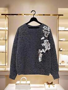 Franclia Nuevo suéter de otoño/invierno con bordado de cuentas, diseño elegante y de moda para mujeres - Gris - Ver 3