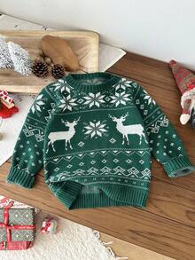 SHEIN 4pcs Young Boy Green Deer Intarsia Christmas Pattern Thick Loose Pullover Sweater, Suitable For Christmas Family Matching Outfits Mommy And Me (Sold Separately) Autumn Winter Clothes FGirlmen - Green - View 9
