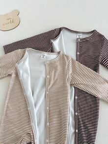 SHEIN 2pcs Baby Boys Striped Fleece Thickened Romper + Hat Set, Round Neck Warm Soft Fabric, Khaki & Coffee Color Korean Style Casual Versatile, Snap Button Design Easy To Wear, Long Sleeve & Pants Bodysuit Suitable For Outdoor In Winter, New Arrival Fall