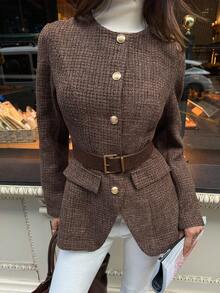 Aloruh Women's Fall/Winter Elegant Round Neck Fitted Plaid Tweed Blazer With Belt, Autumn/Winter,Winter Jacket Women,Winter Coat For Women,Business Casual Woman,Brown Blazer,Cozy Fall And Winter Clothes For Women - Khaki - View 8