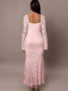 MaterniChic 优雅派对纯色蕾丝喇叭袖鱼尾孕妇装 - 淺粉色 - 查看 2