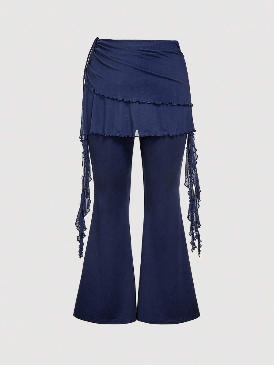 SHEIN MOD 大码女式喇叭裤，带抽绳和丝带设计，海军蓝 - 藏蓝色 - 查看 1