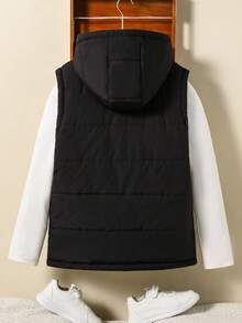 Teenage Boys Casual Letter Print Hooded Vest Padded Coat, Suitable For Daily Casual Wear And School, Autumn/Winter Fall - Black - View 2