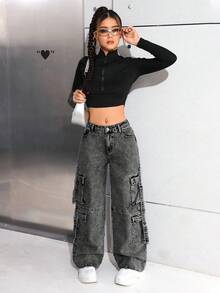 SHEIN 青少年女孩 Y2K 时尚石洗高腰宽松直筒工装牛仔裤，带实用口袋，百搭款式，女孩冬季服装街头服饰 - 灰色 - 查看 4