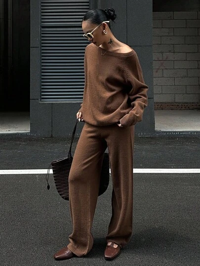 DAZY 女式纯色插肩袖长袖毛衣和针织裤休闲两件套，秋季