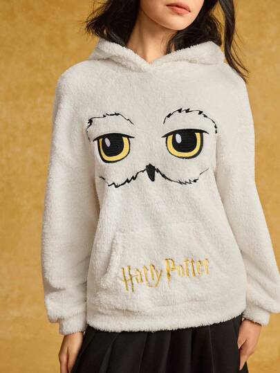 HARRY POTTER X SHEIN Sudadera con capucha de manga larga con bordado de letras y búho para mujer