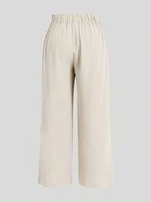 Elaquor Plus Size Women's Solid Color Pleated Wide Leg Casual Pants, Women's Trousers, Button, Zipper Trousers, Elastic Back Waist Trousers, Office Trousers For Women Spring To Summer - Apricot - View 6