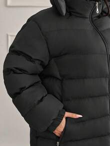 EURMUSE Zipper Front Plus Size Hooded Puffer Jacket – Street-Style Bubble Coat For Cold Weather - Black - View 7