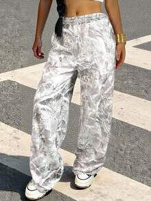 SHEIN Tween Girls' Casual Drawstring Waist Bare Branch Print Loose Sweatpants, Back-To-School Outfit, Cool Basics, Versatile Daily Wear Autumn/Winter Fall