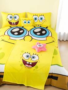 SpongeBob SquarePants | SHEIN 3 件套卡通图案羽绒被套，拉绒材质，柔软温暖，黄色羽绒被套，多种尺寸适合单人床/双人床/大号床/特大床