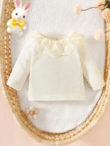 SHEIN Nouveau-né bébé fille T-shirt à manches longues en tissu confortable avec col en dentelle abricot, patchwork et rainures, nouveau style pour l'automne et l'hiver - Nude - Voir 1