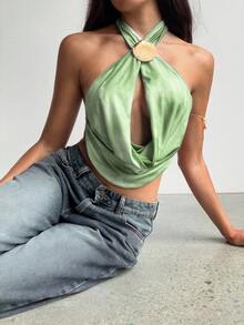 Aloruh 女士性感优雅交叉低胸镂空扎染印花露背吊带上衣 - 綠色 - 查看 6