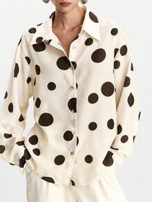 Lumivelle Women's Polka Dot Print Turndown Collar Button-Up Long Sleeve Shirt Fall Cloth For Women