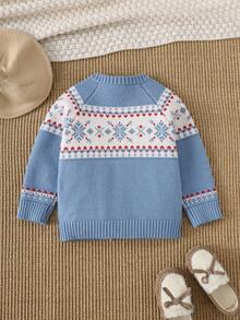 PrepCrw 1 件婴儿男孩/女孩优雅城市可爱费尔岛图案开衫毛衣，适合日常休闲、外出、聚会、秋冬季 - 彩色 - 查看 3