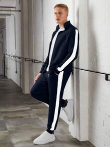 Completo casual da uomo con colletto alla coreana, strisce laterali e colori a contrasto, versatile in due pezzi