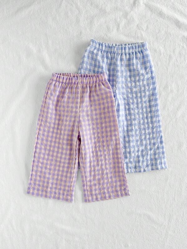 SHEIN Vintaside Kids Set de 2 pantalones anchos de cuadros cómodos y casuales para bebé/niña pequeña, adecuados para uso diario en primavera, verano y otoño