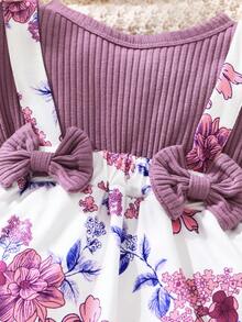 SHEIN Vintaside Kids Baby Girl Floral Print Ruffle Trim Bow Front Dress With Headband