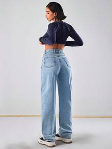 EURMUSE Women's Light Color Mid Waist Casual Denim Style - Medium Wash - View 2