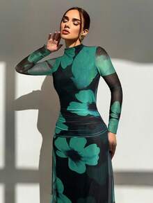 Aloruh Váy dài tay ôm sát in họa tiết lưới màu đỏ thời trang thu đông mới - Màu xanh ngọc - Xem 5