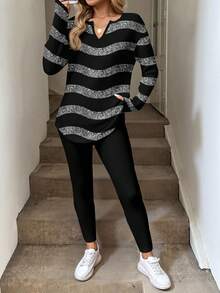 SHEIN LUNE 2pcs/Set Women Long Sleeve T-Shirt And Leggings, Autumn/Winter Black And Silver Sweater Comfortable Outfits For Women Women Striped Top,Fall - Multicolor - View 2