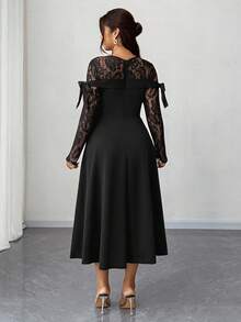 Elenzga Robe élégante à patchwork de dentelle et nœud pour grandes tailles - Noir - Voir 4