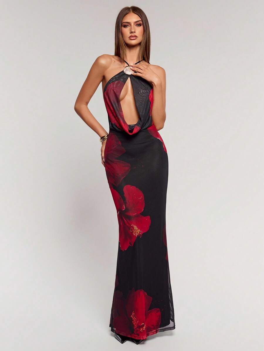 SHEIN BAE 女士时尚性感花卉印花低胸露背连衣裙 - 黑色 - 查看 1