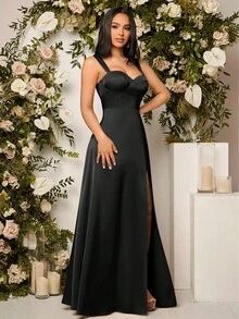 SHEIN Belle Women's Solid Color Side Slit Hem Elegant Spaghetti Strap Bridesmaid Dress (Adult) - Black - View 7