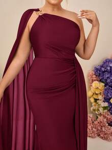SHEIN Belle Plus Size Elegant Minimalist Red Asymmetric Shoulder Sequin Sleeve Bodycon Ruched Side Slit Maxi Bridesmaid Dress