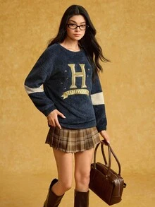 HARRY POTTER X SHEIN 女式字母刺绣拼色圆领长袖运动衫 - 藏蓝色 - 查看 6