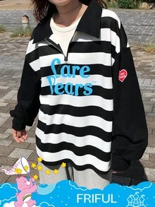 SHEIN X Care Bears FRIFUL Women's Loose Fit Polo Collar Letter Graphic Striped Long Sleeve Casual T-Shirt - Black and White - View 1