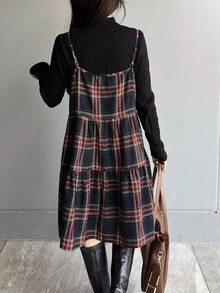 FRIFUL 女式格纹肩带蝴蝶结交叉 A 字形多层拼接休闲背心，秋季