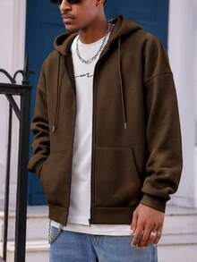 Manfinity Dauomo 男士纯色休闲日常百搭长袖连帽运动衫，秋季 - 棕色 - 查看 3