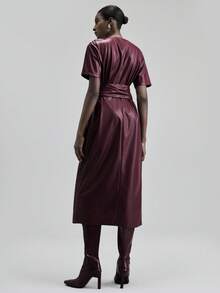 Ontre Elegant Women's Burgundy Autumn Long Dress,V-Neck Tie-Waist Vintage Casual Office Wear,Business Commuting Dining Outfits,Christmas Halloween Uniform - Burgundy - View 3