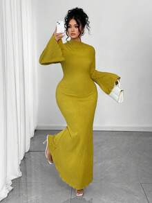 Elenzga 大码女式优雅纹理面料喇叭袖修身鱼尾下摆连衣裙，春秋季 - 綠色 - 查看 1