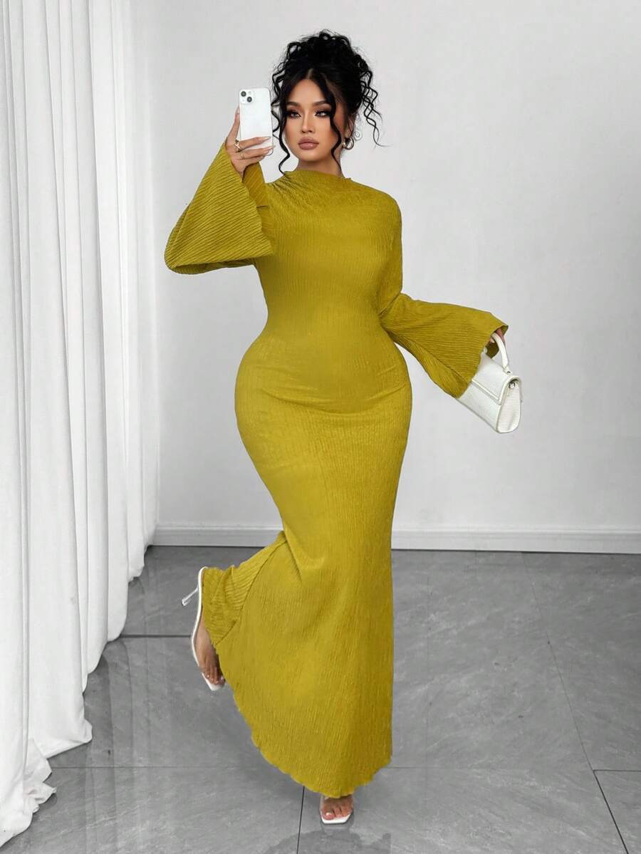 Elenzga 大码女式优雅纹理面料喇叭袖修身鱼尾下摆连衣裙，春秋季 - 綠色 - 查看 1