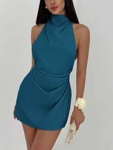 Aloruh 女士极简主义露背系带褶皱迷你杏色连衣裙