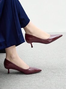 CUCCOO BIZCHIC 女士时尚勃艮第酒红色舒适尖头小猫跟高跟鞋，适合通勤、约会、派对、度假、办公室穿着 - 酒紅色 - 查看 3