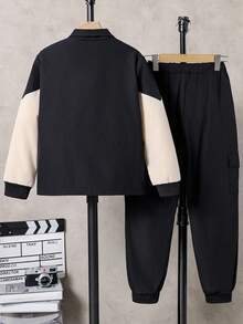 Tween Boy Contrast Color Zipper Collar Utility Pocket Jacket And Pants Casual Loose Suit, Autumn Fall Winter