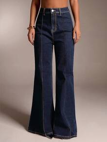 Avantive 女式复古休闲刺绣细节喇叭牛仔裤 - 藍色 - 查看 2