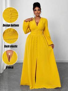 Maweii Váy quấn tay bồng màu trơn thanh lịch cỡ lớn cho nữ, thiết kế đa năng cho tiệc tùng, đi chơi, hẹn hò lãng mạn, tay dài đầu thu - Màu vàng - Xem 1