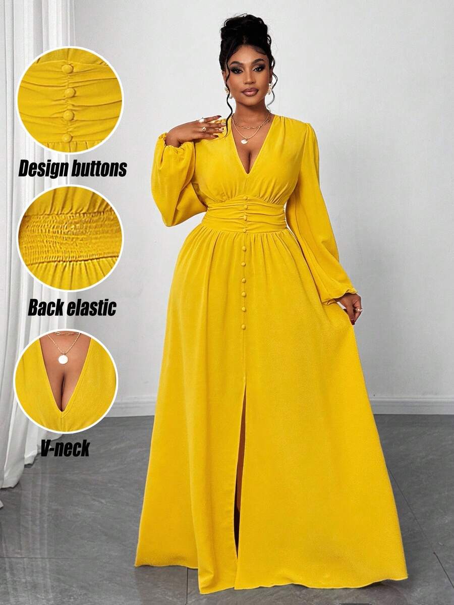 Maweii Váy quấn tay bồng màu trơn thanh lịch cỡ lớn cho nữ, thiết kế đa năng cho tiệc tùng, đi chơi, hẹn hò lãng mạn, tay dài đầu thu - Màu vàng - Xem 1