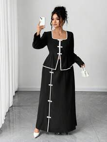 Elenzga Koszula i spódnica damska w dużym rozmiarze z kwadratowym kołnierzykiem i długim rękawem, 2 sztuki, swobodny i stylowy - Czarne i Białe - Zobacz 3