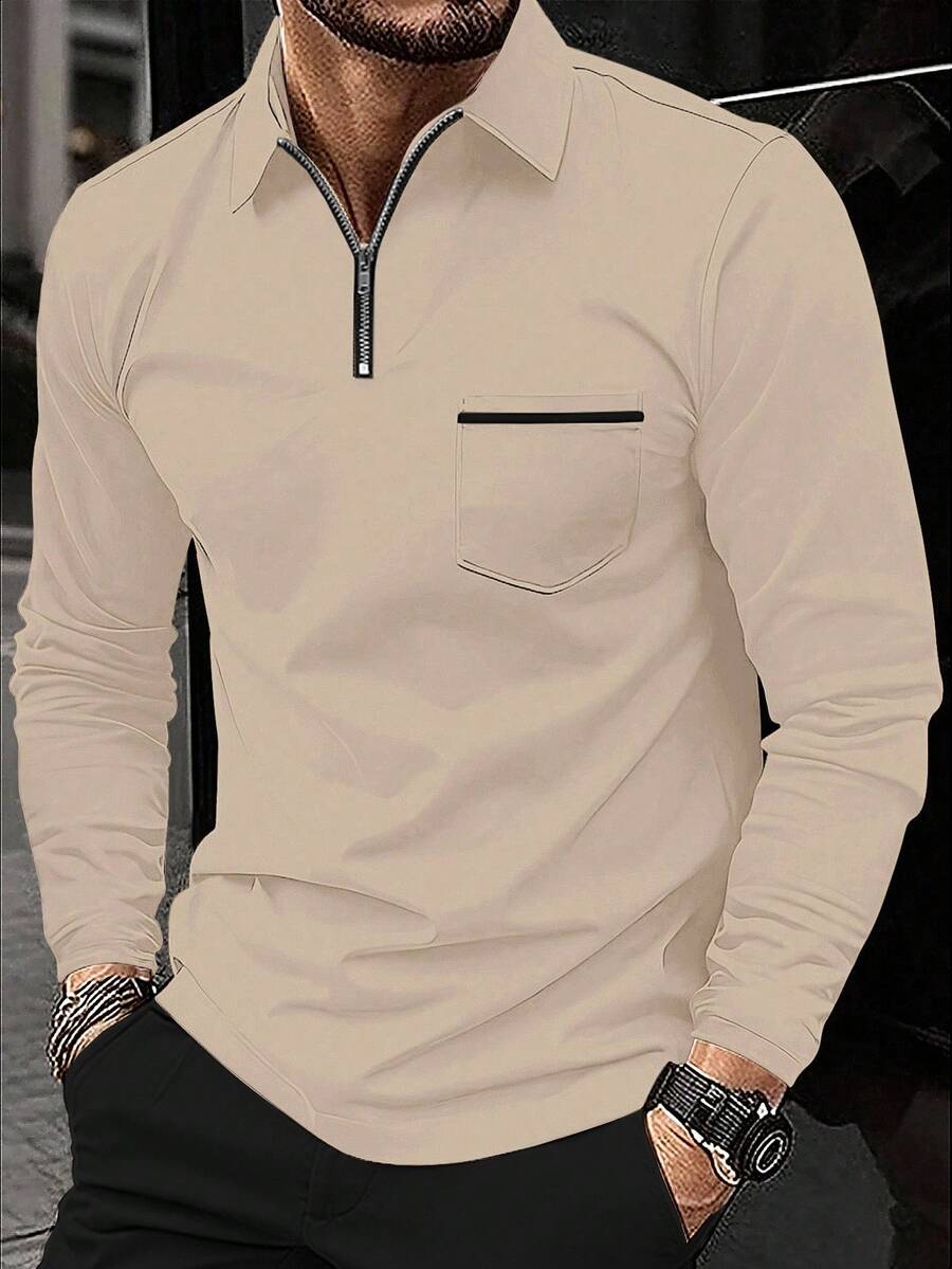 Manfinity Homme 男士休闲拉链长袖 Polo 衫，秋季，适合秋季 - 杏色 - 查看 1