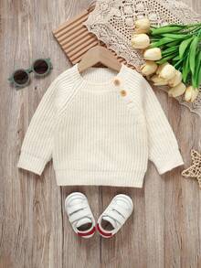 男婴米白色圆领套头毛衣，长袖针织衫，休闲简约婴儿基础款中性针织衫，新生儿毛衣，秋冬季男婴毛衣套装，女婴秋季毛衣 - 米色 - 查看 3