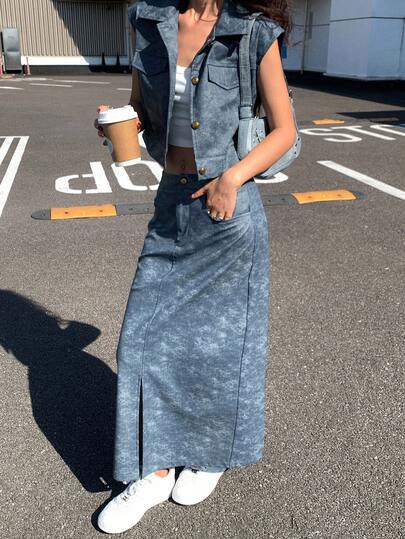 DAZY Women's Single-Breasted Cap Sleeve Jacket And Pocket Midi Skirt Casual 2 Pieces Set, Autumn/Winter Lounge Sets For Women