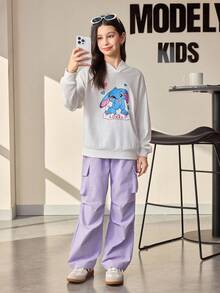 2pcs/Set Tween Girls Letter Print Hoodie Sweatshirt,Purple Cargo Pants Casual Street Style Outfit,Autumn Winter Back-To-School School Kids Loungewear - Multicolor - View 4